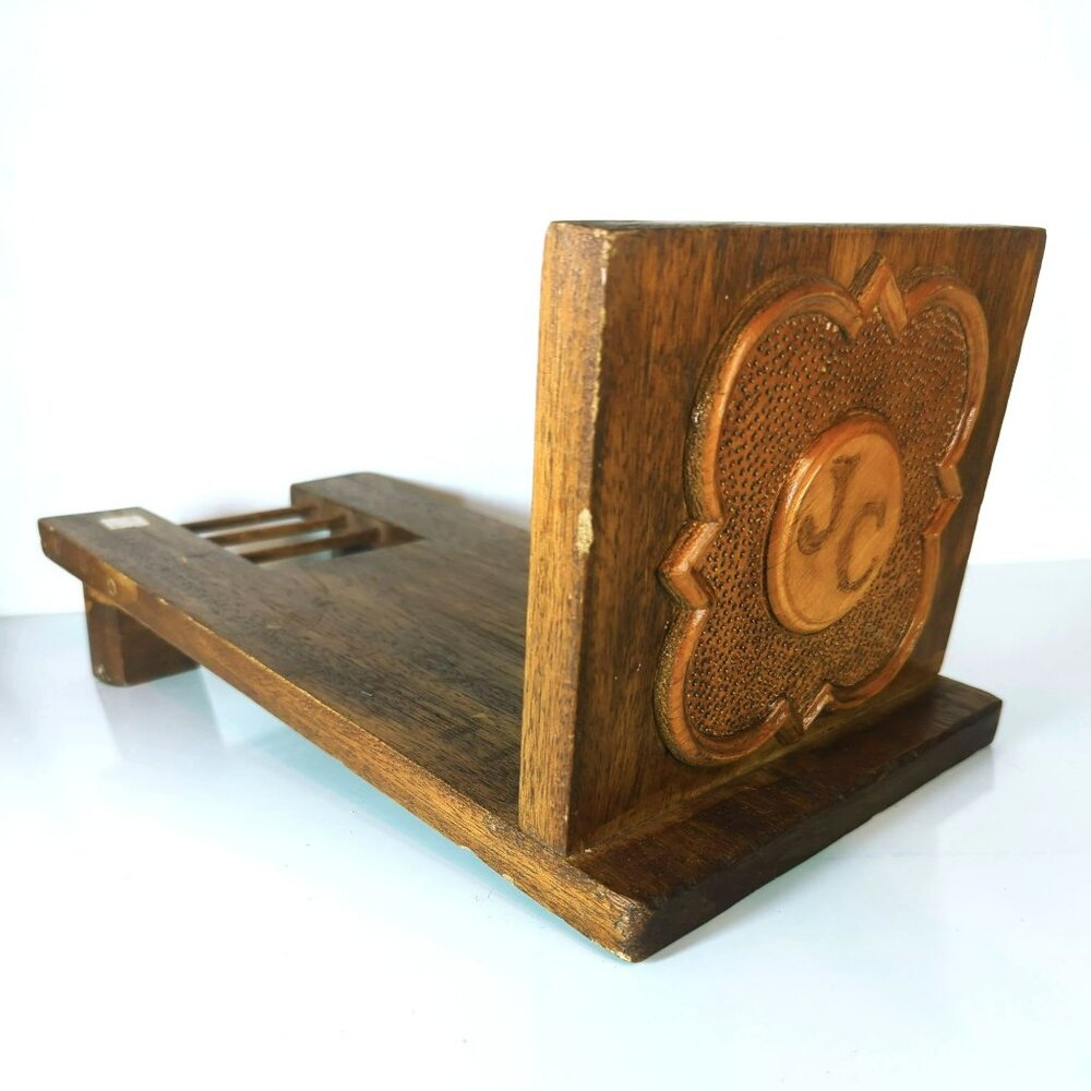 Vintage Slanted Wood Book Rack Shelf Handmade JC Monogram for Bible